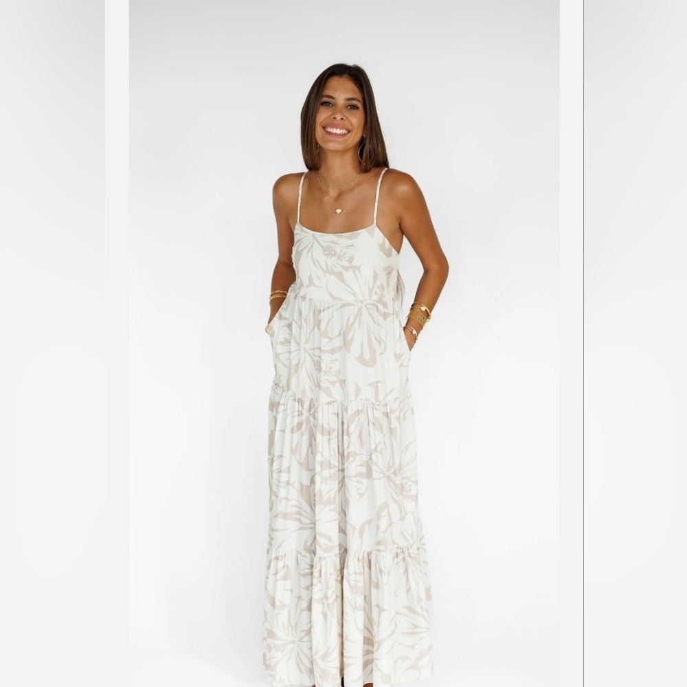 Z SUPPLY LIDO MAXI DRESS PALM LEAF PRINT IN CREAM AND TAN . SIZE X-SMALL. - Picture 2 of 9